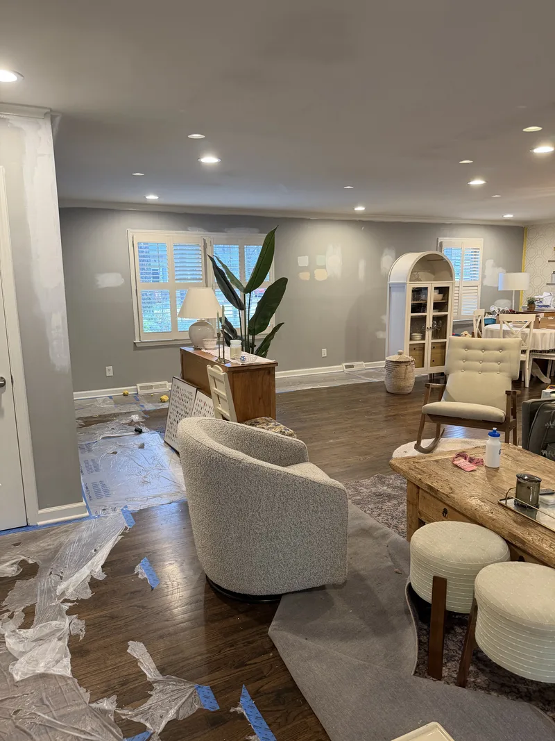Living room with floor protection during interior finish work