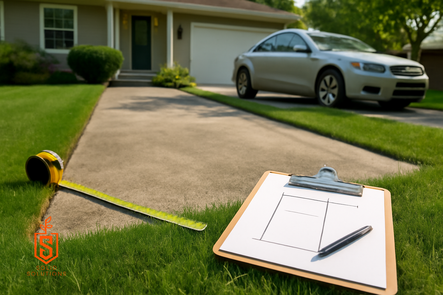 Suburban home with driveway being measured and a clipboard with sketches for planning.