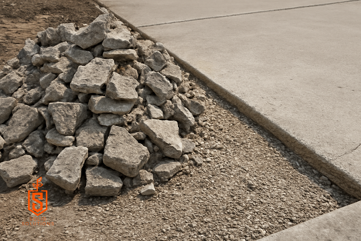 Broken concrete pieces beside an exposed driveway base and an intact slab edge.
