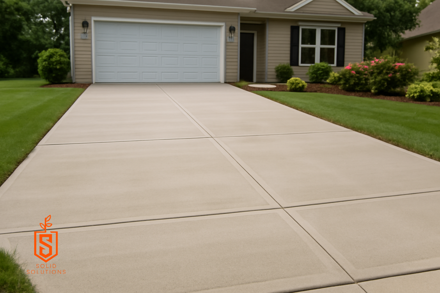 Clean, newly finished concrete driveway with tidy edges and landscaping.