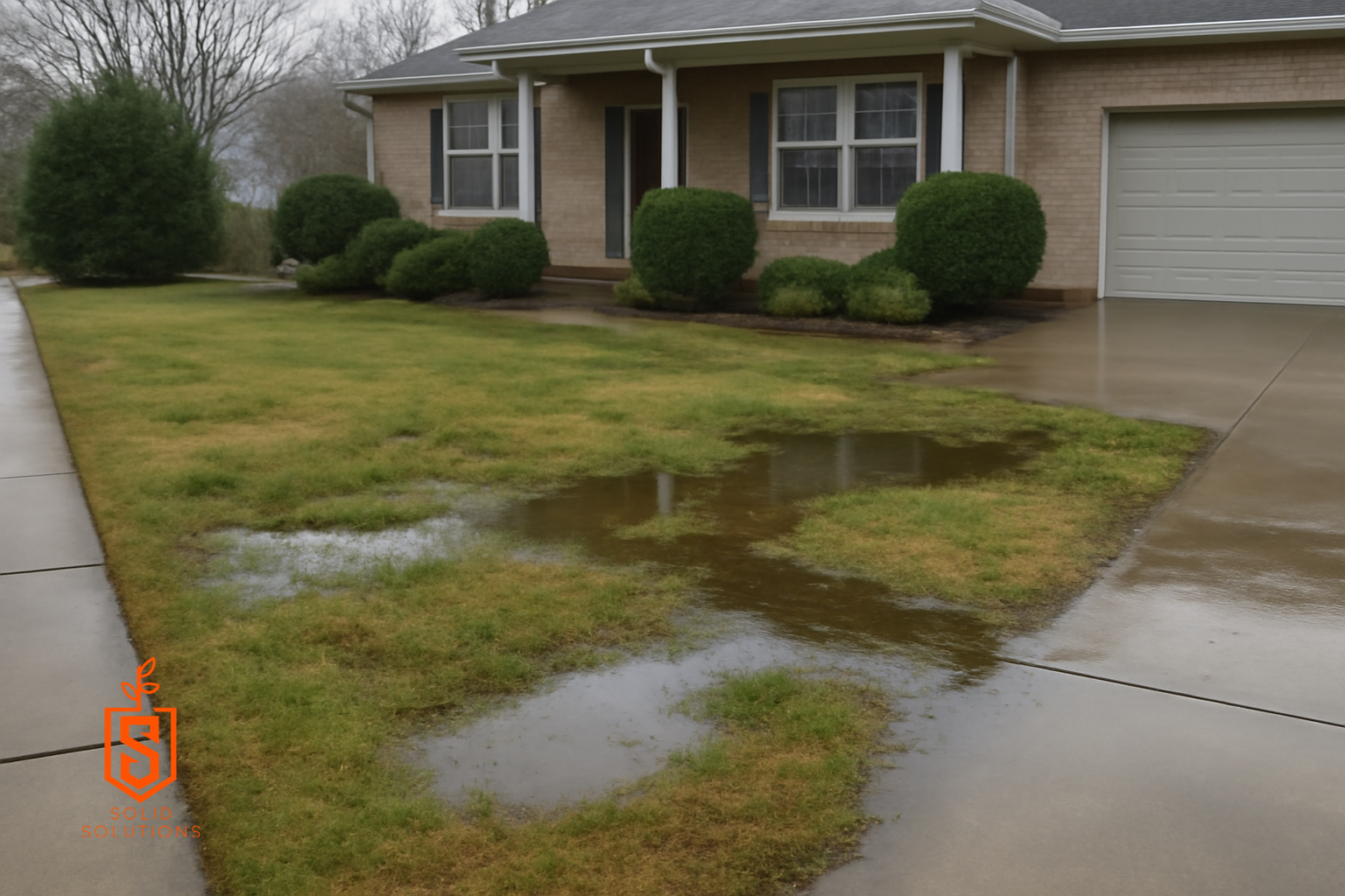 Wet front yard showing puddling and saturated grass near a driveway