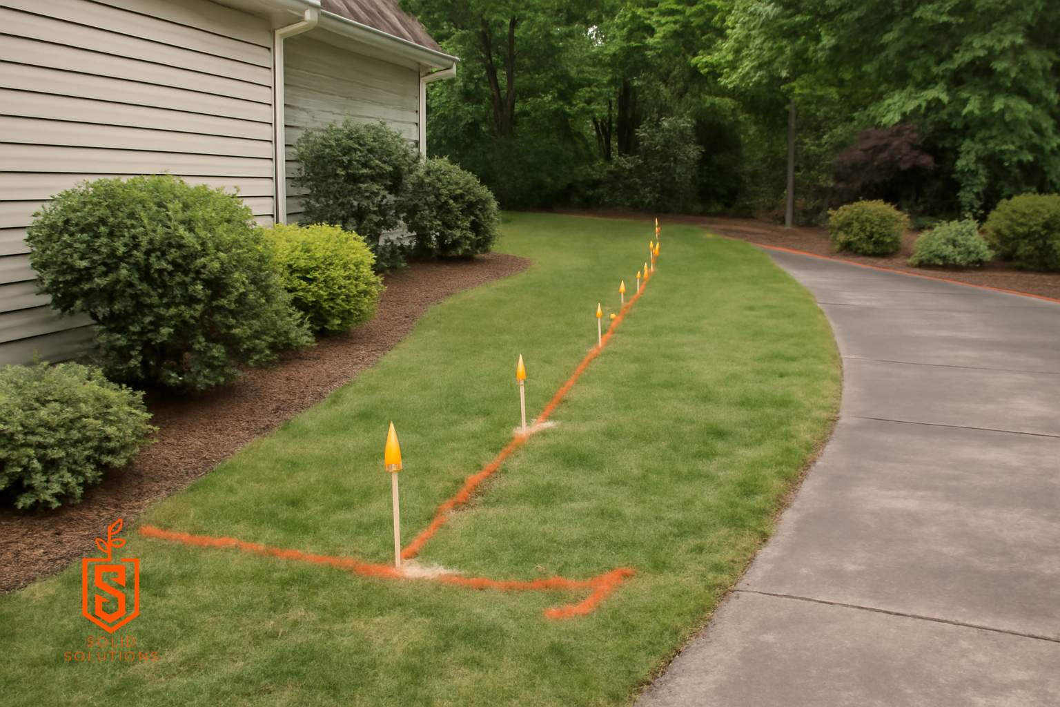 Residential yard with a marked drainage route flagged across lawn and near plantings