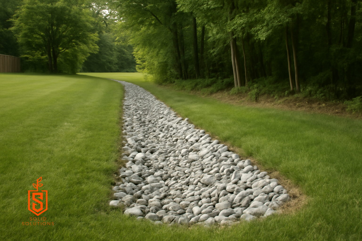 Gravel-lined drainage swale leading to a ditch at the edge of a residential yard