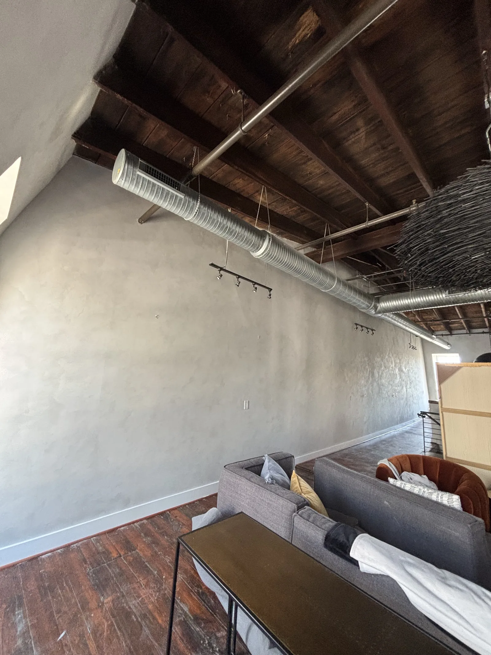 Wide view of a finished grey interior wall